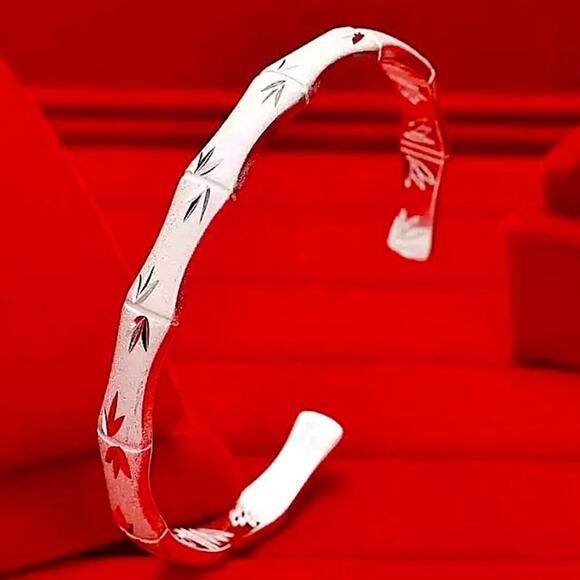 Sterling Silver Bamboo Engraved Cuff Bangle Bracelet - Picture 3 of 7